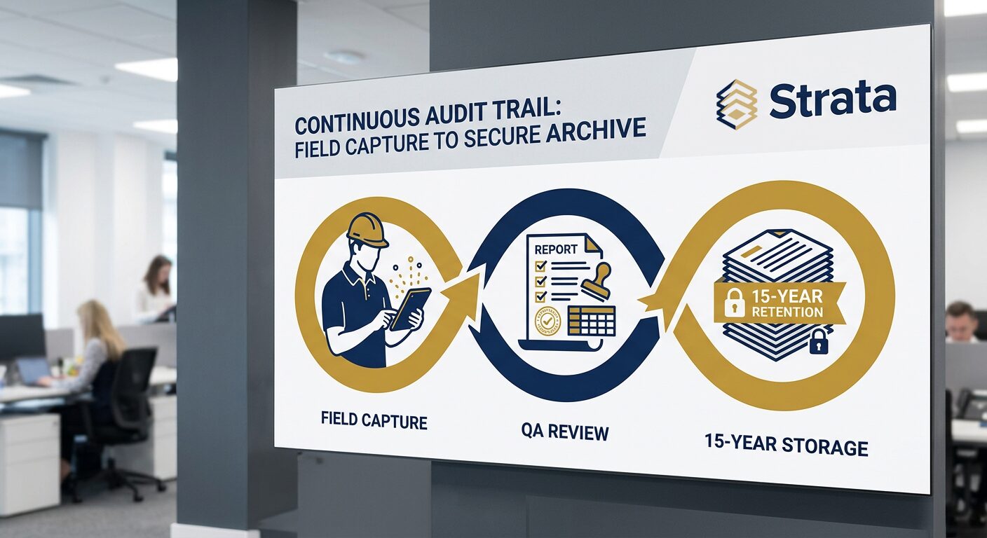 Continuous audit trail graphic: field capture, QA review, secure storage