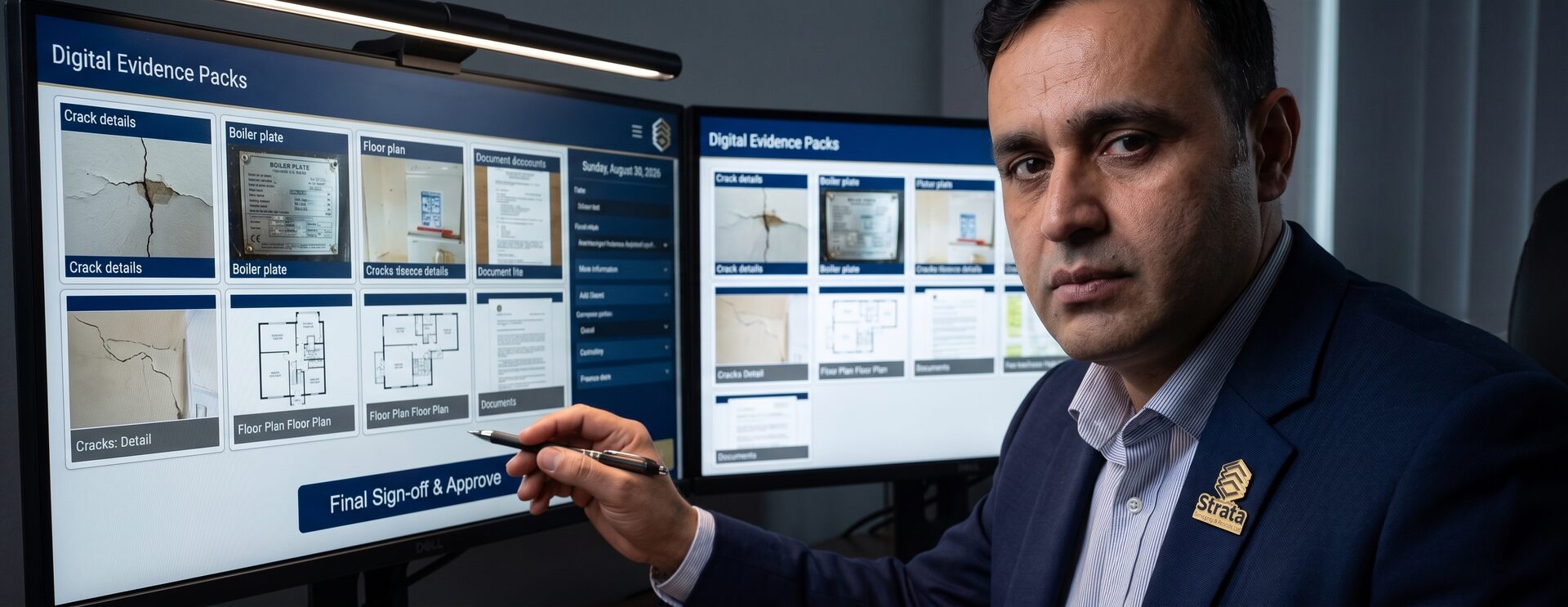 Director reviewing evidence packs on screen