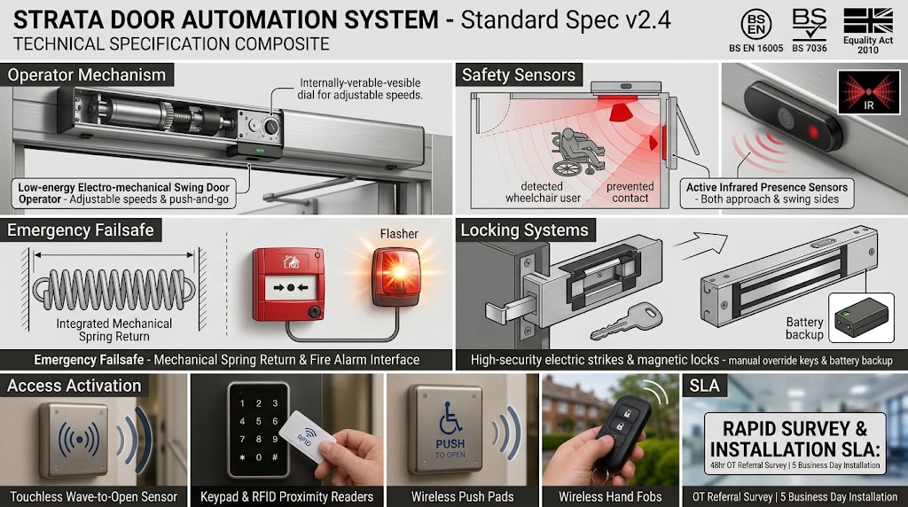 Strata door automation system technical specification composite: operator mechanism, safety sensors, emergency failsafe, locking systems and access activation options