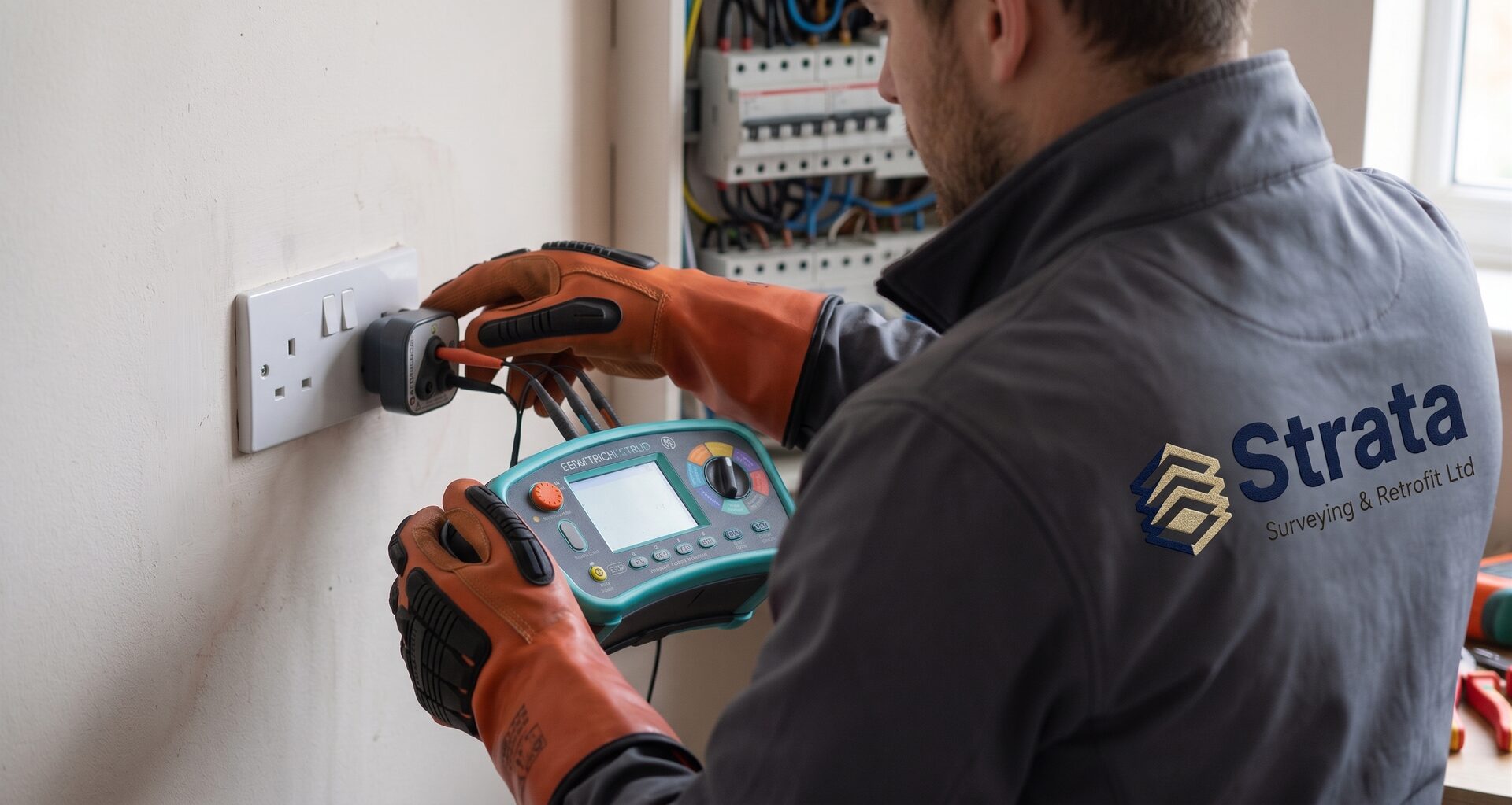 Electrician testing a socket outlet with a multifunction tester beneath an open consumer unit
