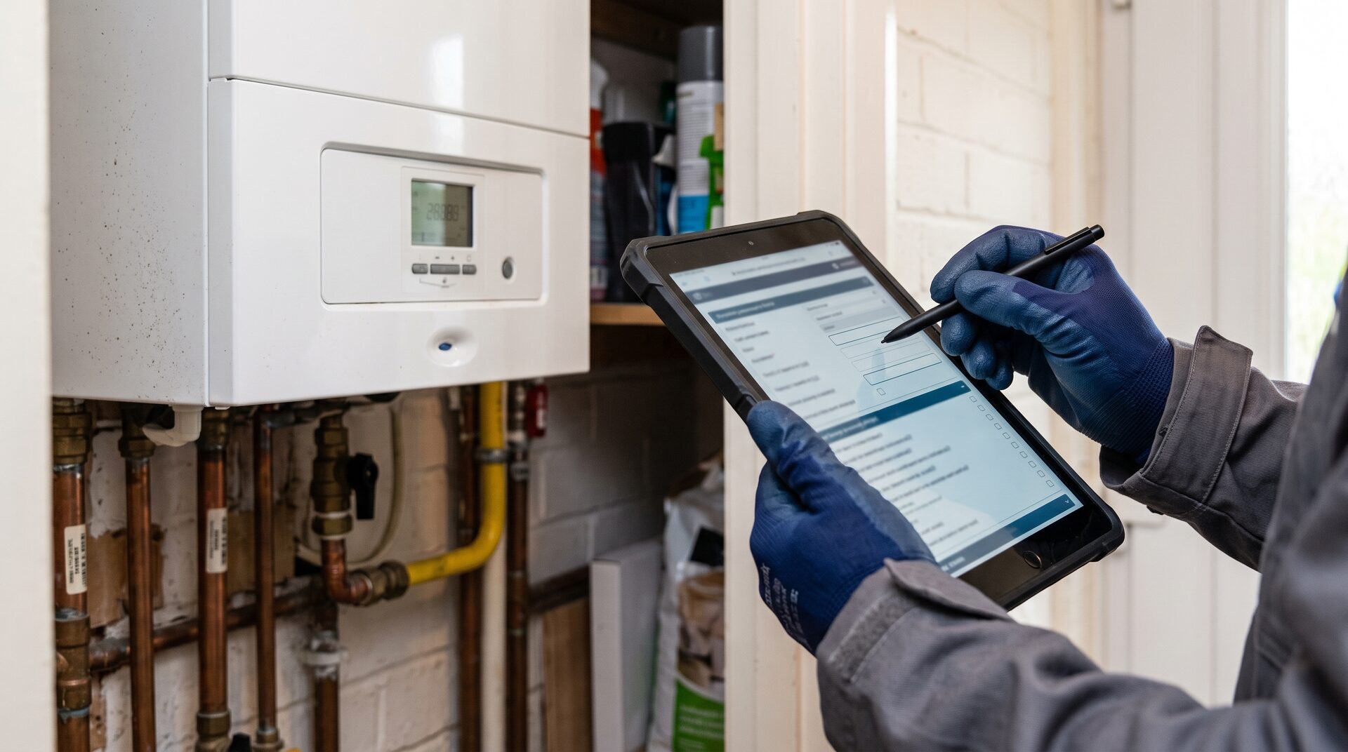 Surveyor capturing boiler details on a tablet during a combined EPC and stock condition visit