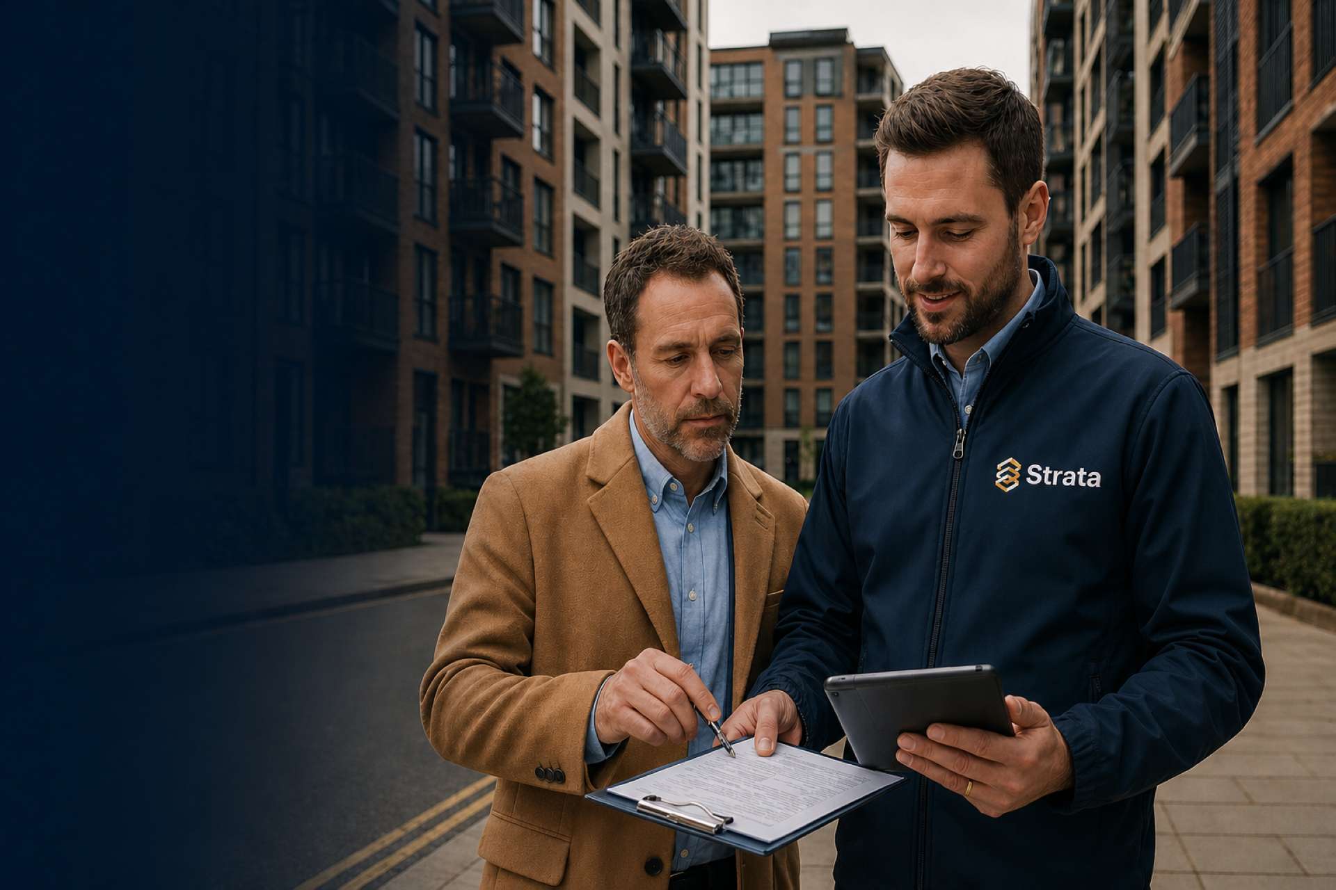 Surveyor reviewing a compliance schedule with a landlord
