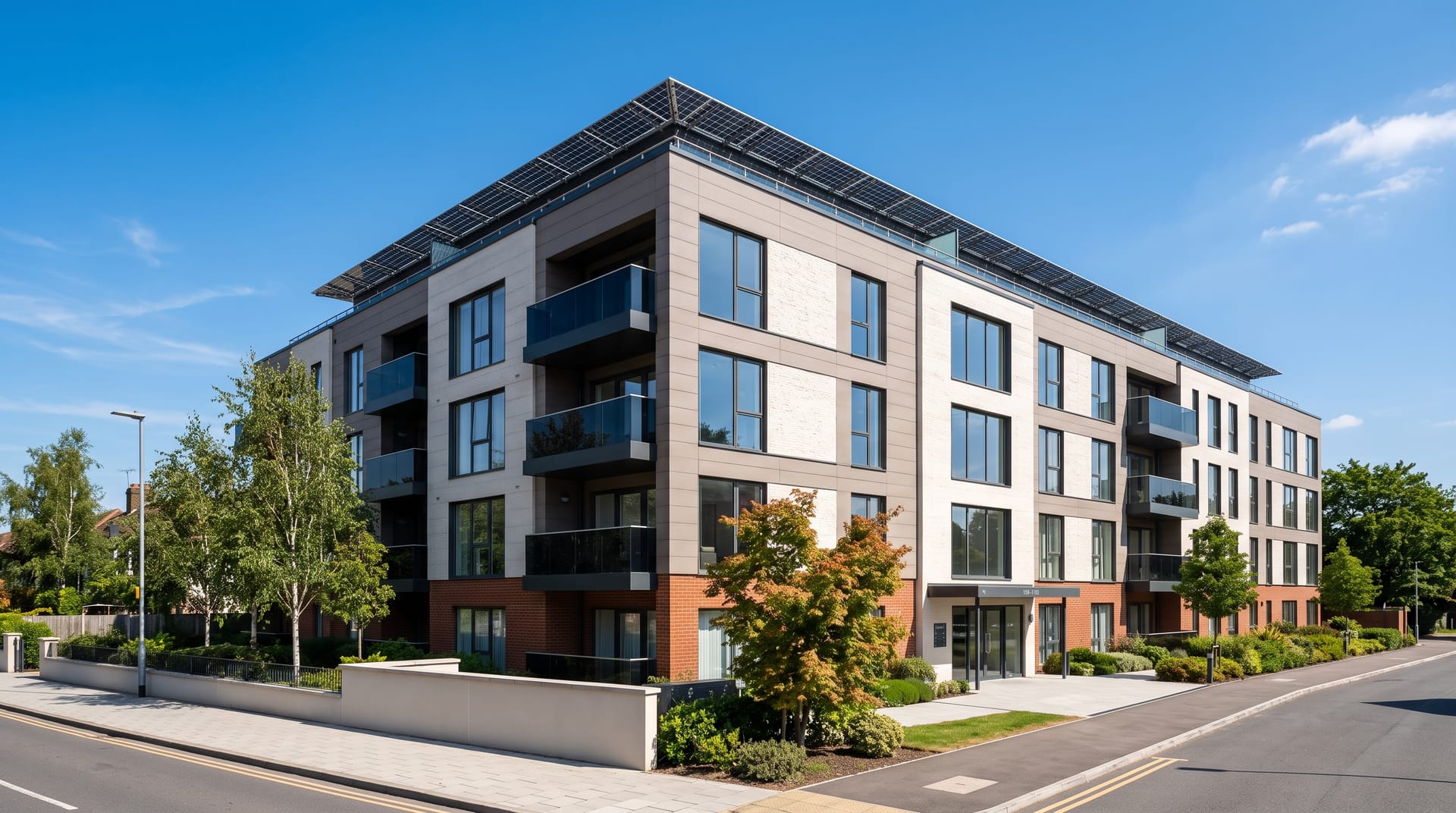 Modern apartment block with rooftop solar