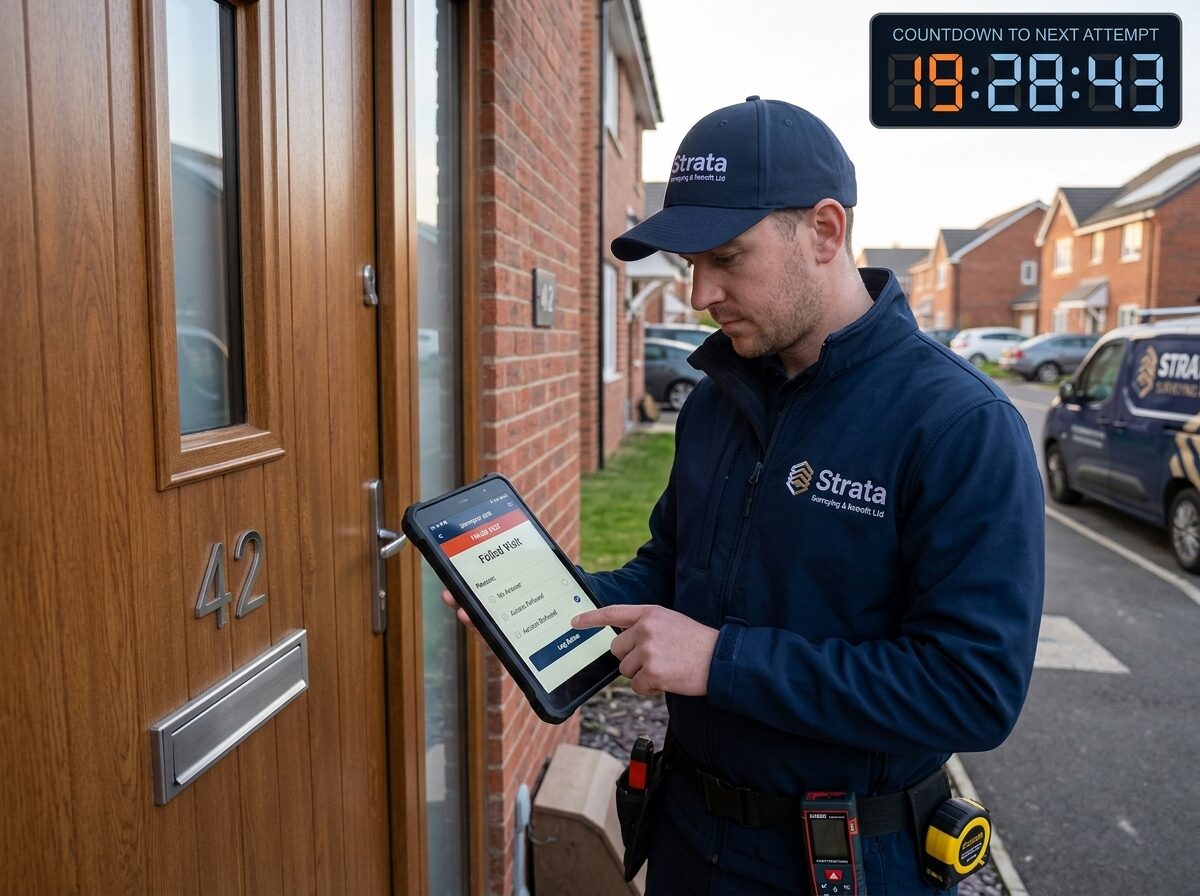 Surveyor logging a visit outcome at a resident's door