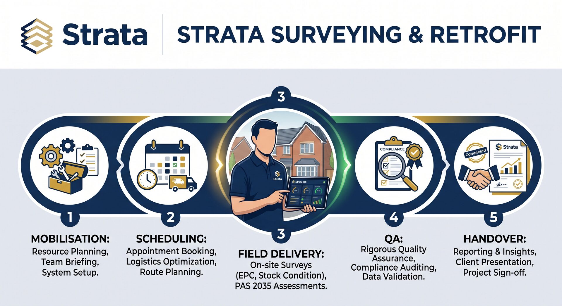 Strata five-stage programme delivery process: mobilisation, scheduling, field delivery, QA and handover