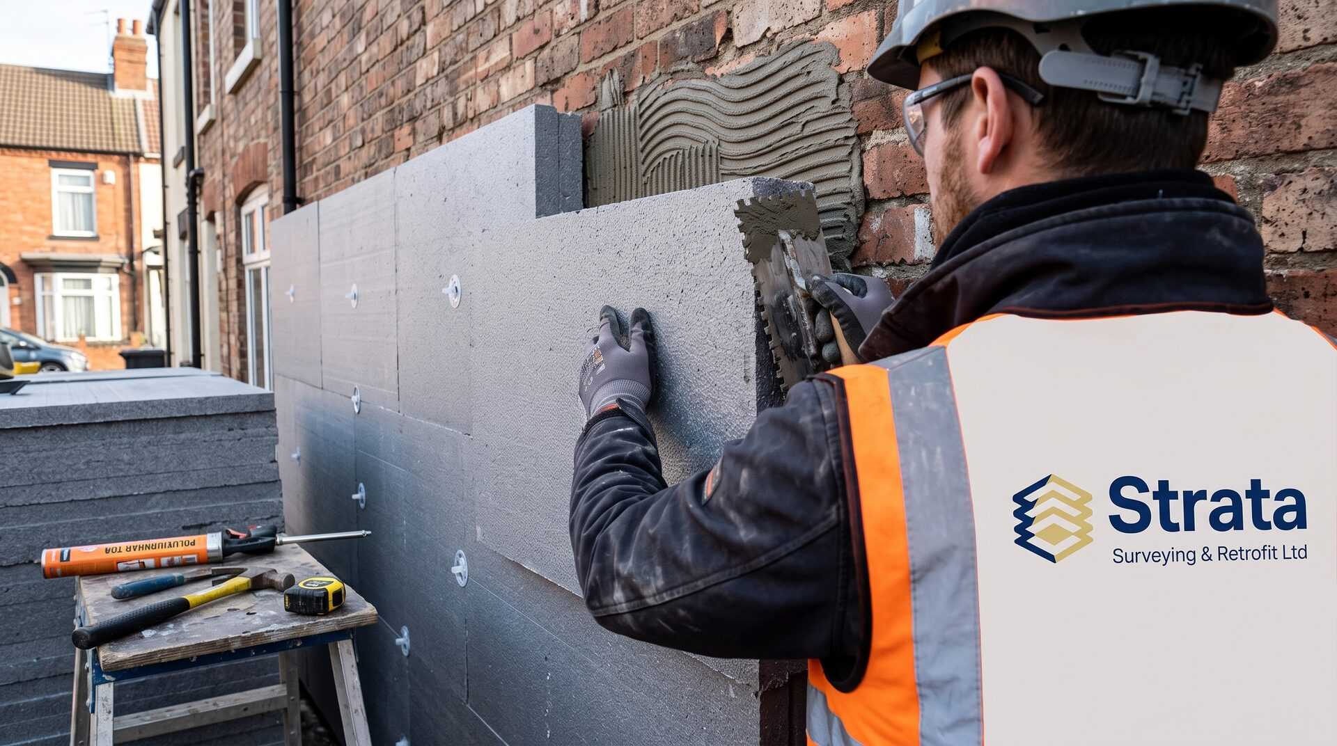 External wall insulation being installed on a terrace