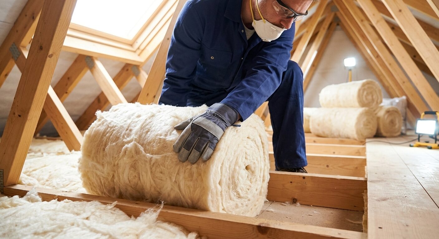 Loft insulation roll being laid between joists