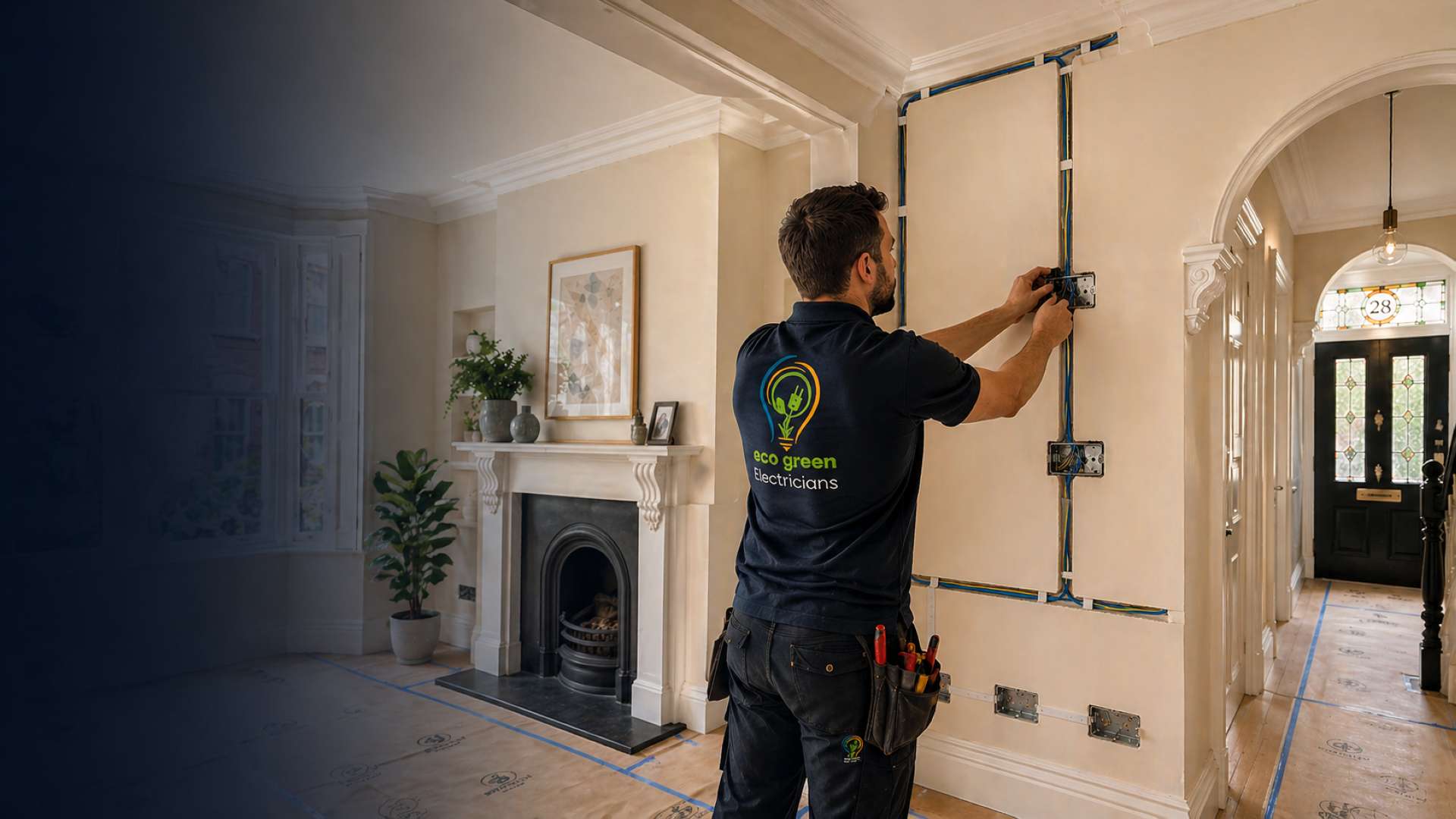 Electrician first-fixing cables in a period home