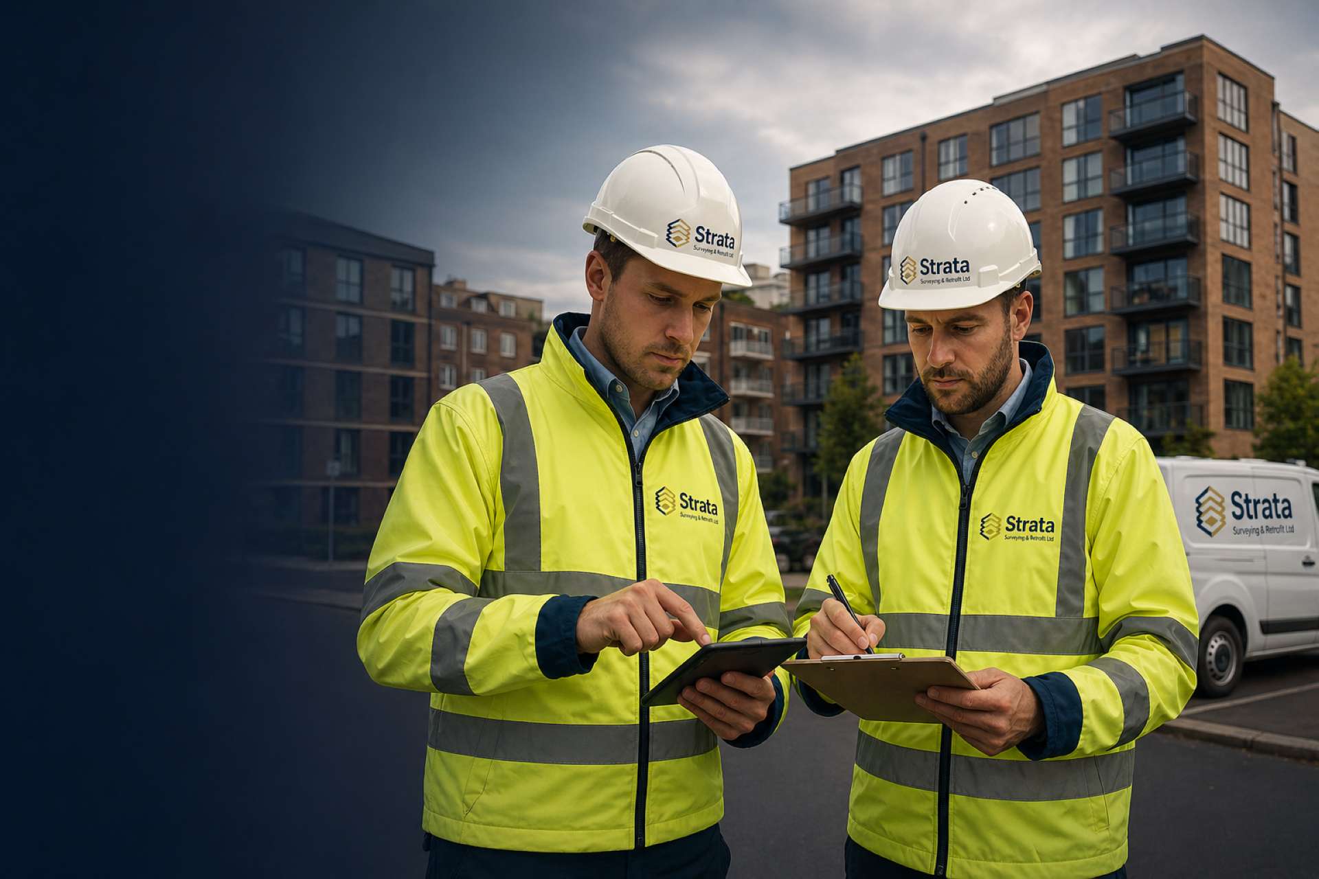 Two surveyors reviewing a tablet outside an apartment development