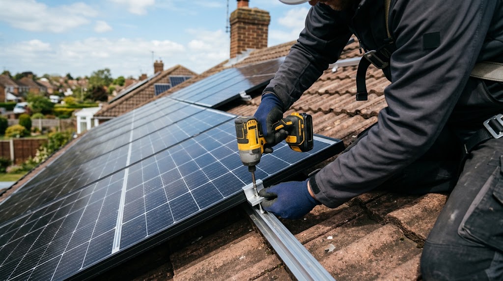 Solar panel being fixed to a tiled roof