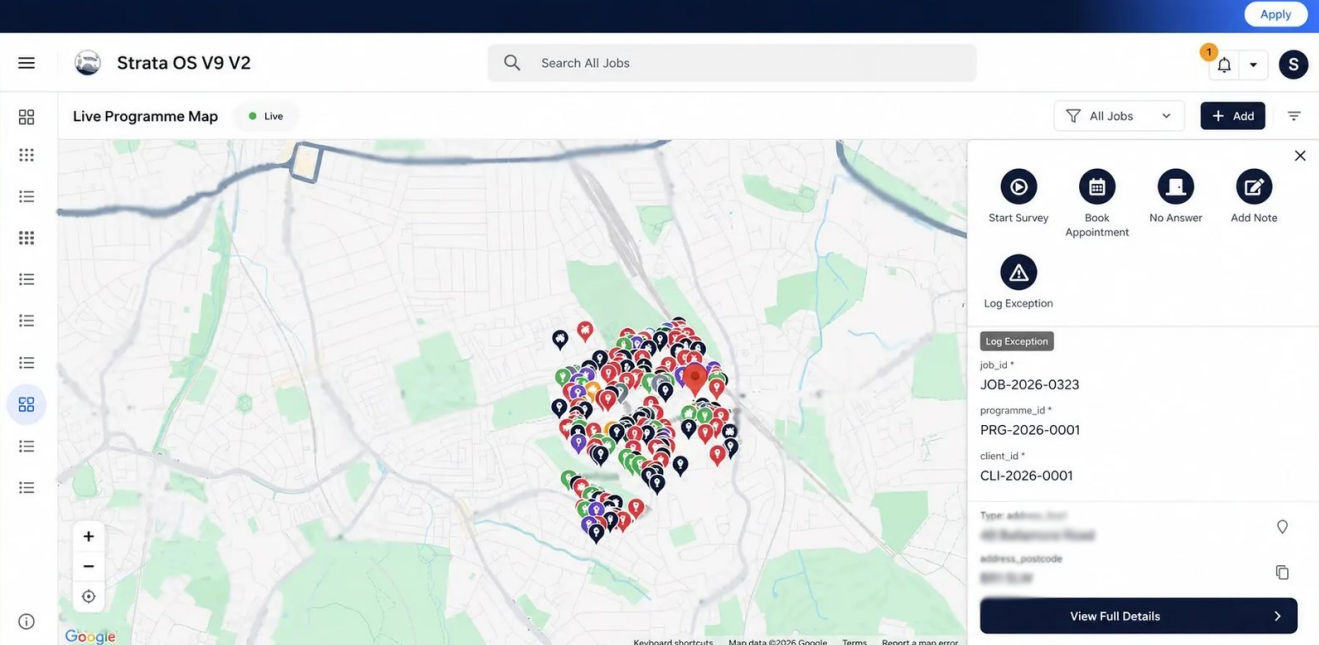 Strata OS live programme map with colour-coded property pins and a job detail panel