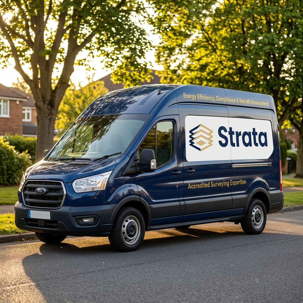 Strata-branded van on a tree-lined street