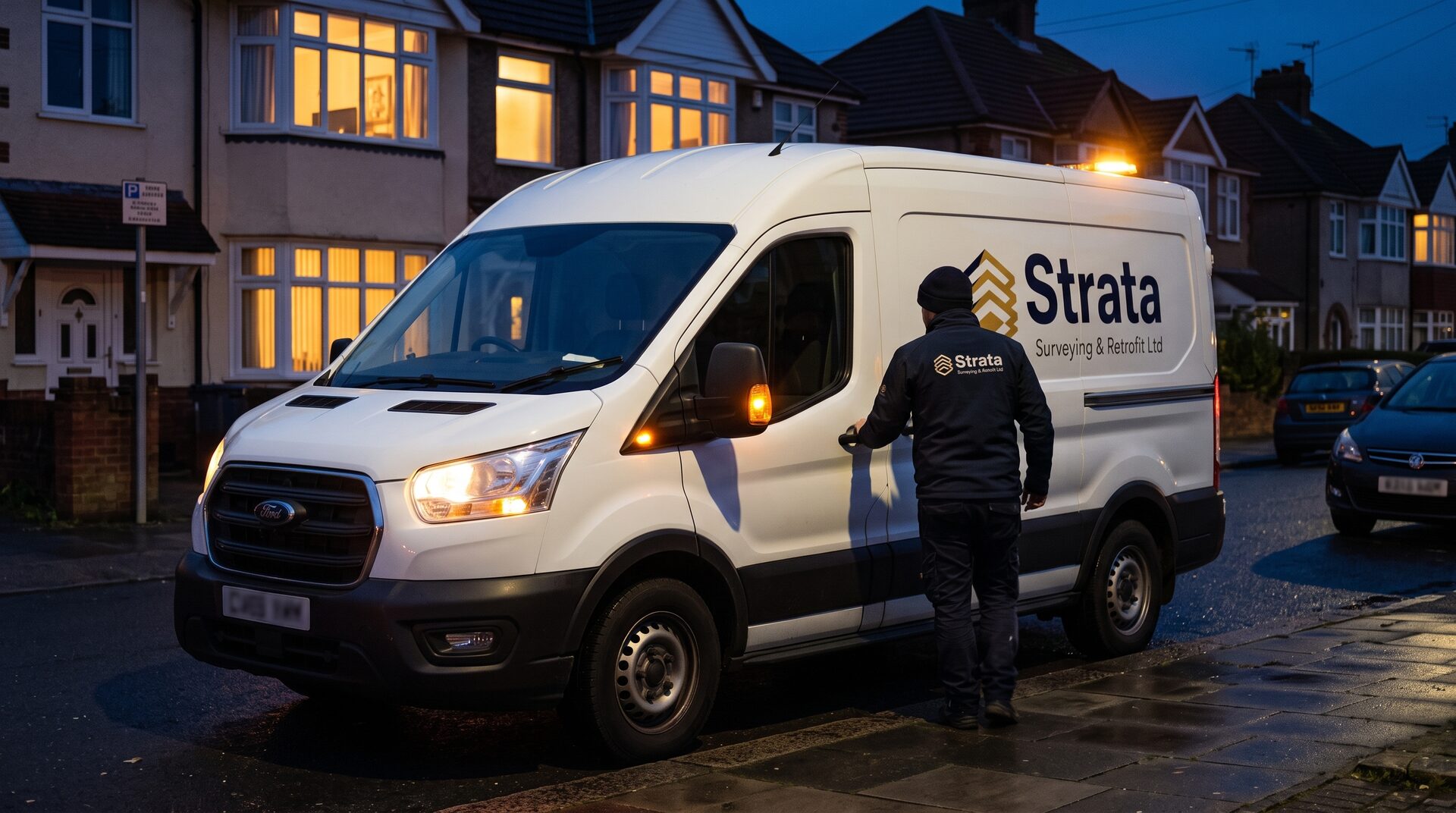 Strata-branded van parked on a residential street in the evening for a callout