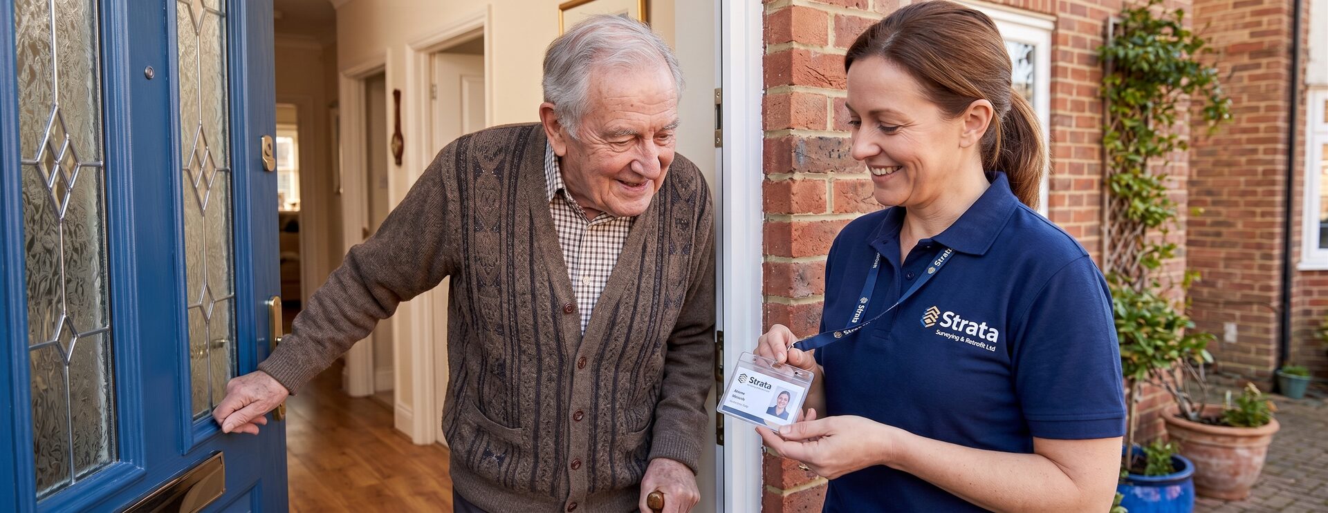 Strata surveyor showing ID to a resident at the door