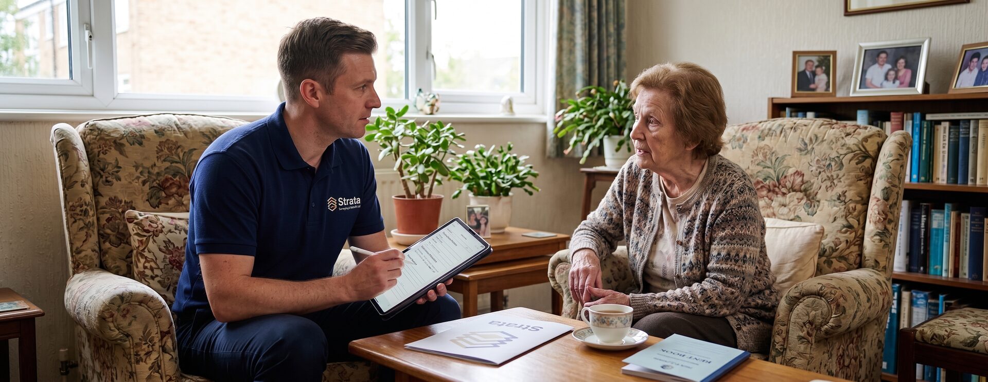 Surveyor sitting with an older resident in her living room, recording occupancy details on a tablet