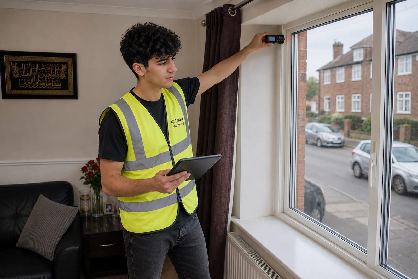 Strata surveyor recording window measurements during a stock condition survey