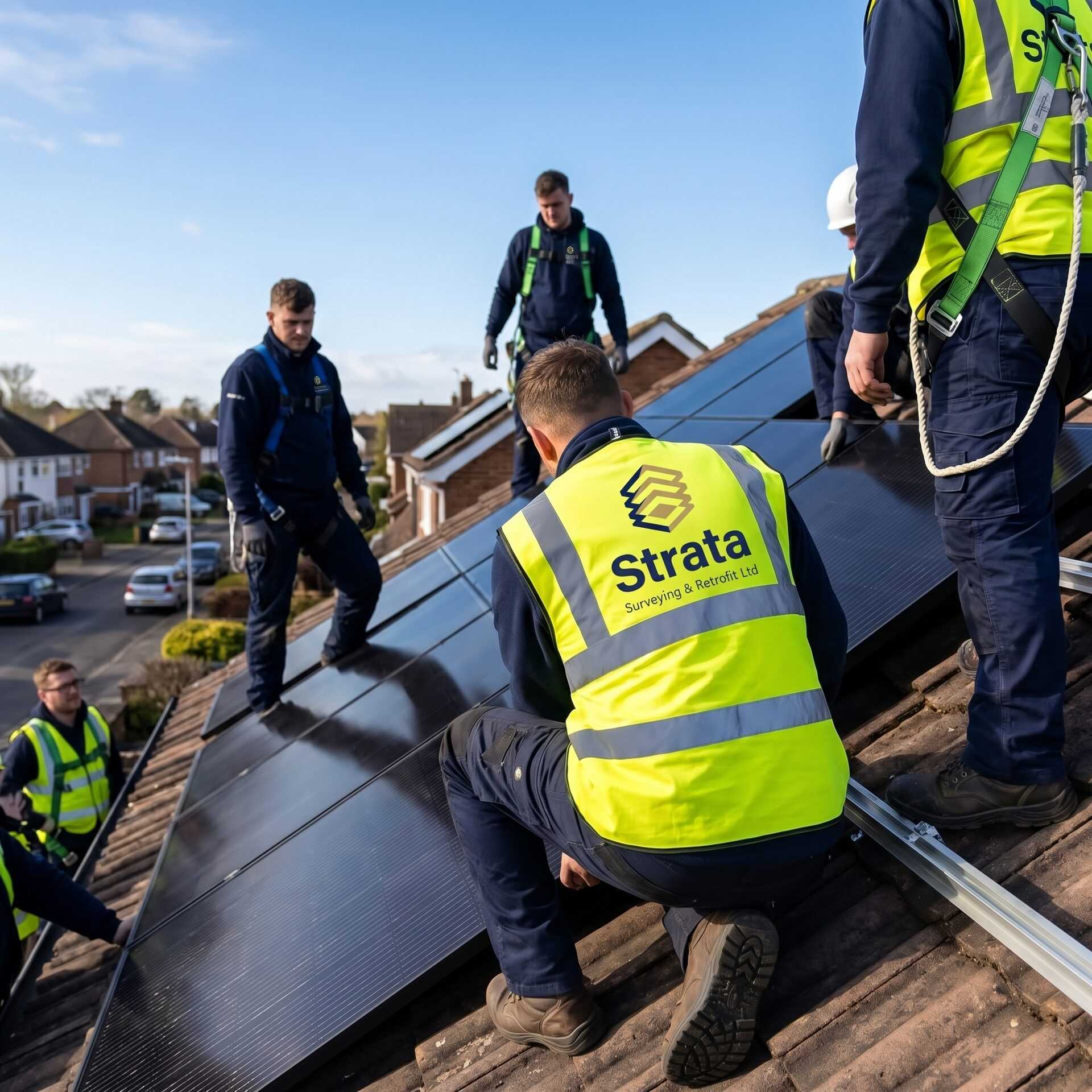 Strata crew installing solar panels on a residential roof
