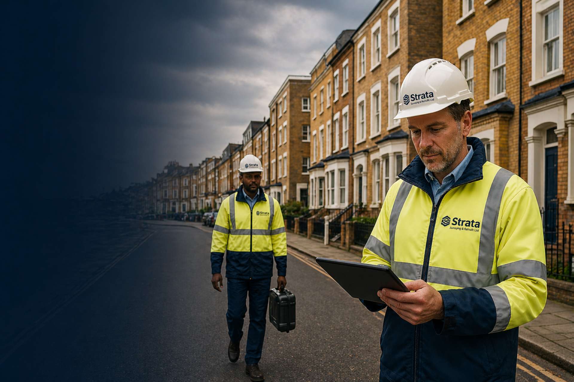 Two Strata surveyors on a London street with a tablet